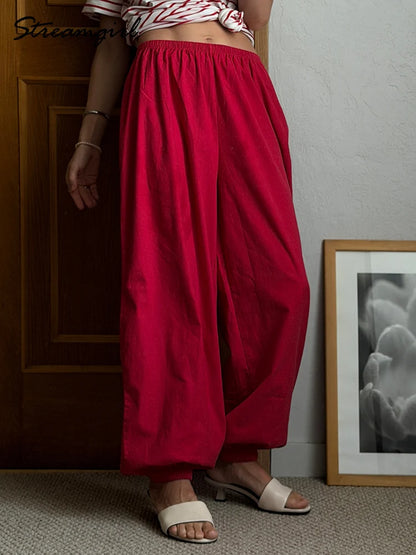 Wide Leg Red Pants For Women Cotton Long Bloomers White Autumn Elastic Waist Lantern Trousers Women Straight Practice Pants Lady