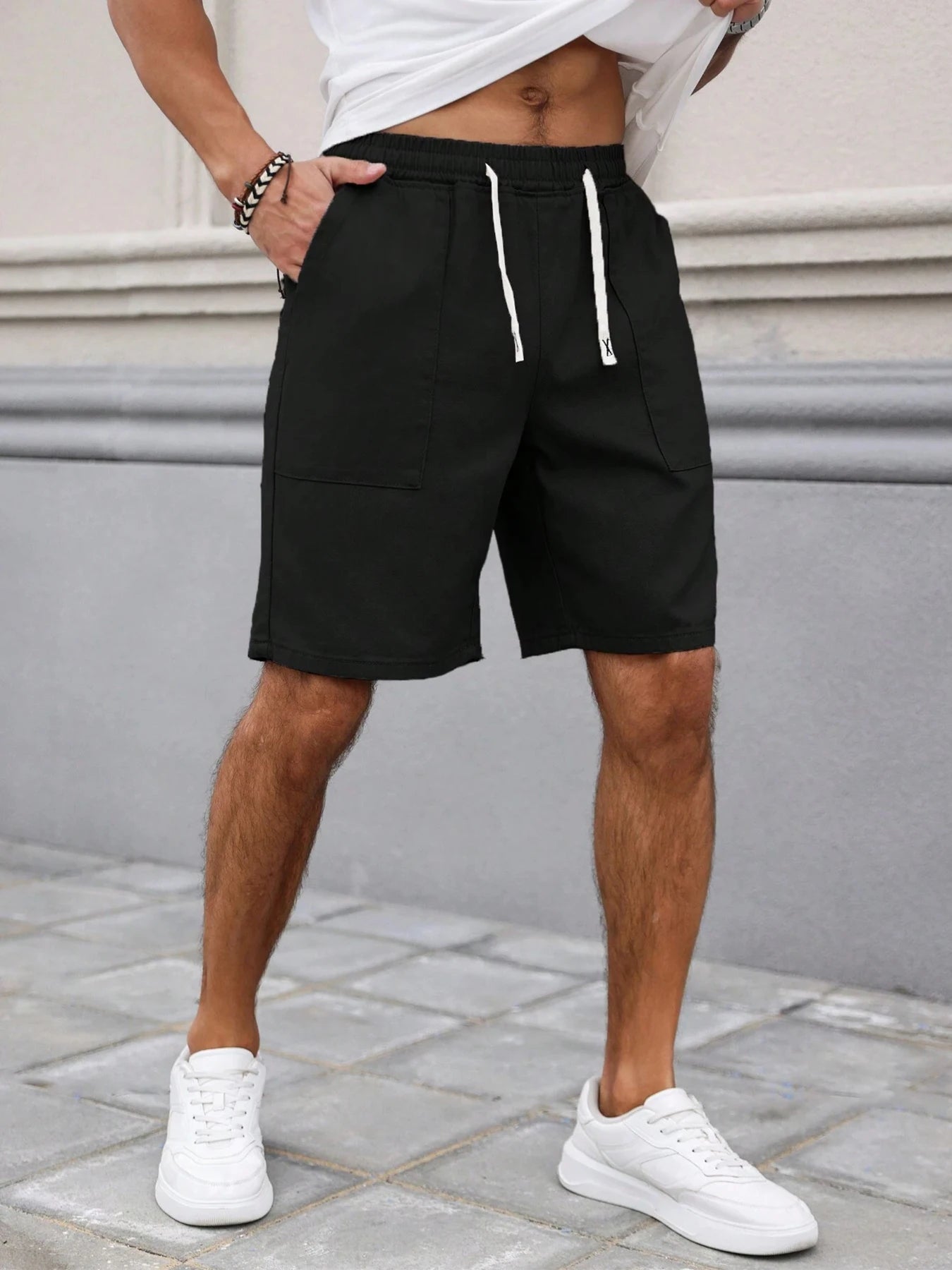 Summer Men's Retro American Style Shorts with Drawstring Casual Pants Included Solid Color Trendy Mid-Length Men's Shorts