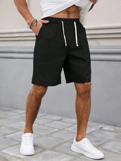 Summer Men's Retro American Style Shorts with Drawstring Casual Pants Included Solid Color Trendy Mid-Length Men's Shorts