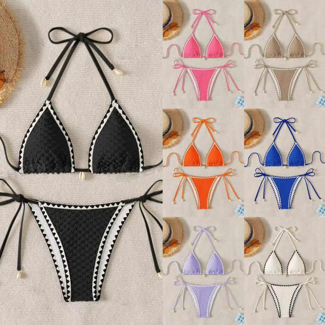 Halter Bikini Set - Wrinkled Weave Polyester Swimwear With Push Up Support