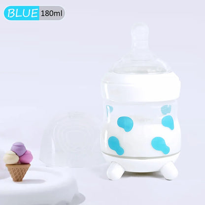 180ML/270ML cute cow shaped anti bloating baby PP bottle without handle, silicone replacement nipple available for sale