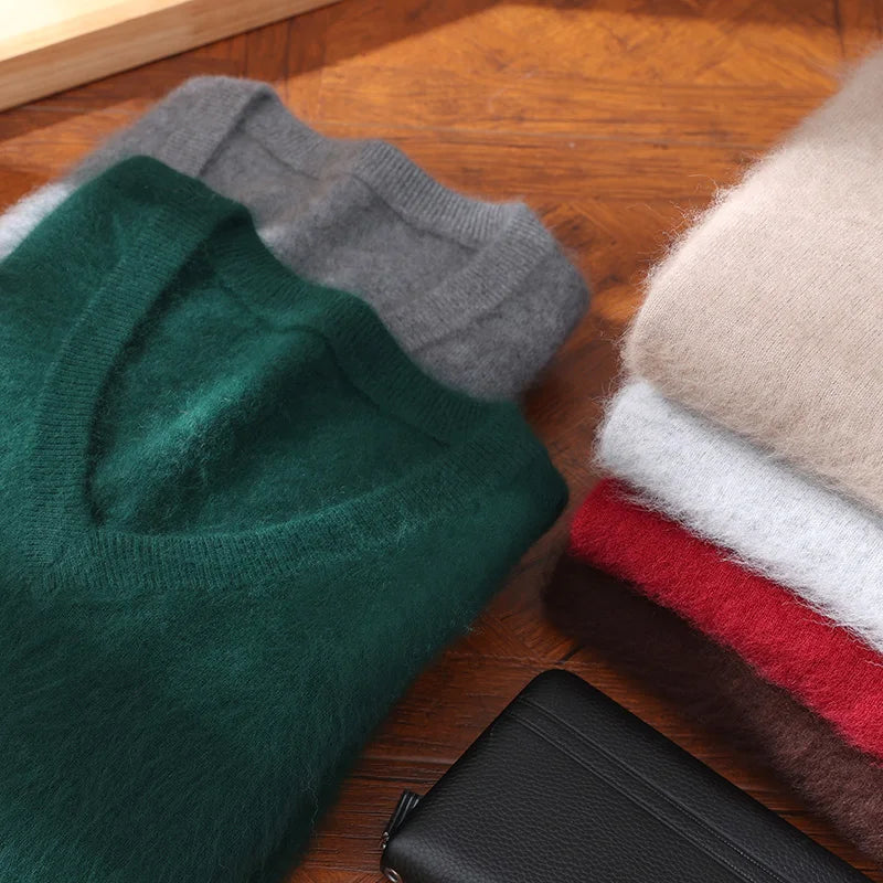 Men's 100% Pure Mink Cashmere Sweater V-neck Pullover Knit Bottoming Shirt Autumn And Winter New Long-Sleeve High-End Mink Tops