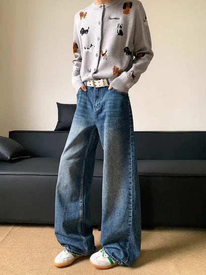Women's Loose Straight Leg High Street American Style Jeans Wide Leg Trousers with Patch Design Couple Trendy Brand