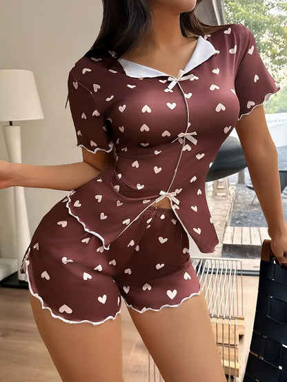 New Summer Women's Pajamas with Love Printed Collar, Short Sleeve Bow, Slim Fit, Comfortable and Soft Women's Home Clothes