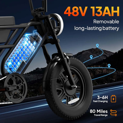 URLIFE T16 Ebike 500W Power 48V 13Ah 80Miles Range 16×3.0 Fat Tire Full Suspension LCD Display Commuter Electric Bike with Storage Box Lights Adult Holiday Gift