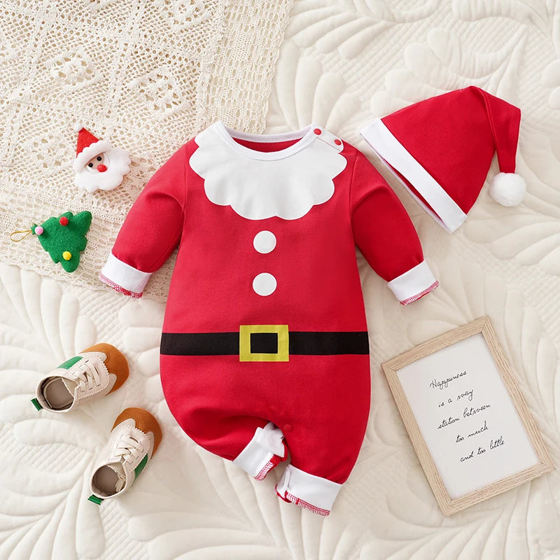 Baby Romper Cotton - Newborn Unisex Velvet Santa Elk Long Sleeve 0-18 Months