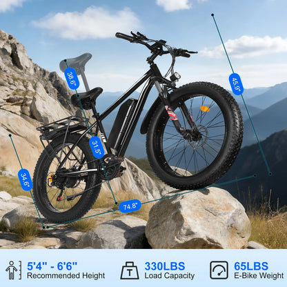 Black Electric Bicycle 1500W Powerful Motor 48V 15AH Lithium Battery Motorcycle Electric Bike 26*4 in Fat Tire Snow E-bike