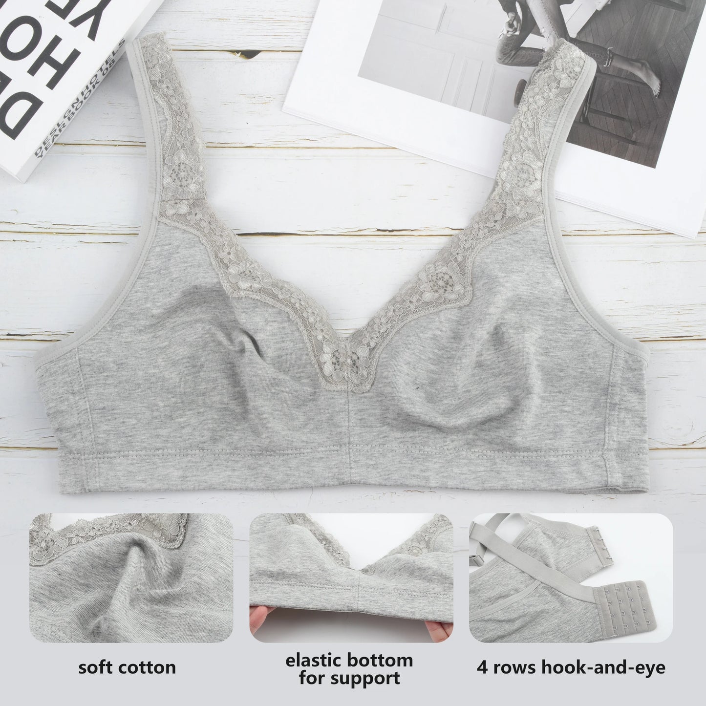 Sheroine Women's Floral Lace Cotton Bra Plus Size Wire-Free Non-Foam Comfort Wide Straps Full Coverage Sleep Underswear