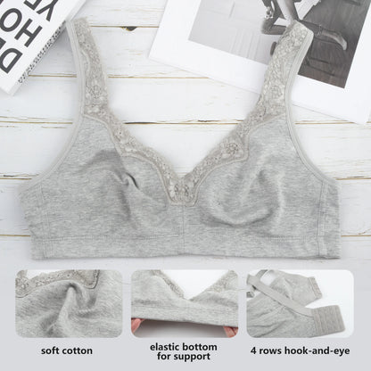 Sheroine Women's Floral Lace Cotton Bra Plus Size Wire-Free Non-Foam Comfort Wide Straps Full Coverage Sleep Underswear