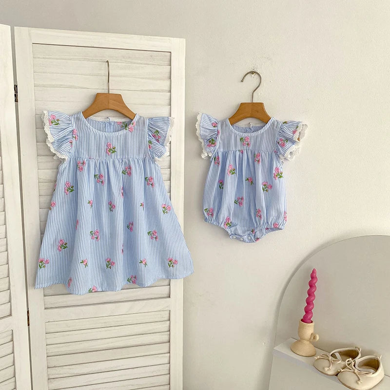 2026 New Summer 2-6Yrs Princess Round Neck Dress Striped Baby Girl Dress Flying Sleeve Cotton Embroidery Blue Sweet Dress