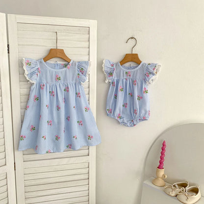 2026 New Summer 2-6Yrs Princess Round Neck Dress Striped Baby Girl Dress Flying Sleeve Cotton Embroidery Blue Sweet Dress