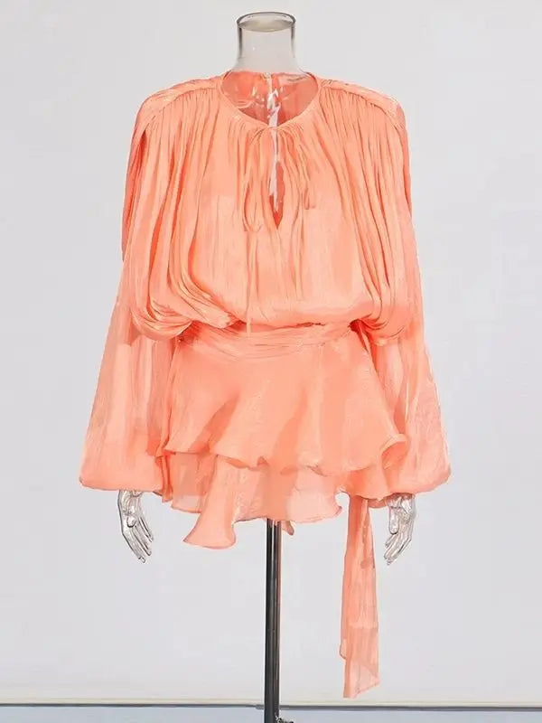 Mini Blouse Dress - Women's V Neck Long Sleeve Lace Up Sweet Style Above Knee