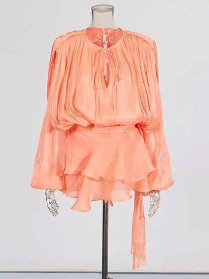 Mini Blouse Dress - Women's V Neck Long Sleeve Lace Up Sweet Style Above Knee