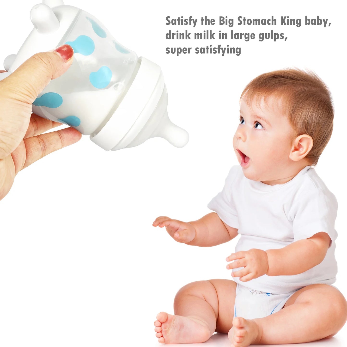 180ML/270ML cute cow shaped anti bloating baby PP bottle without handle, silicone replacement nipple available for sale