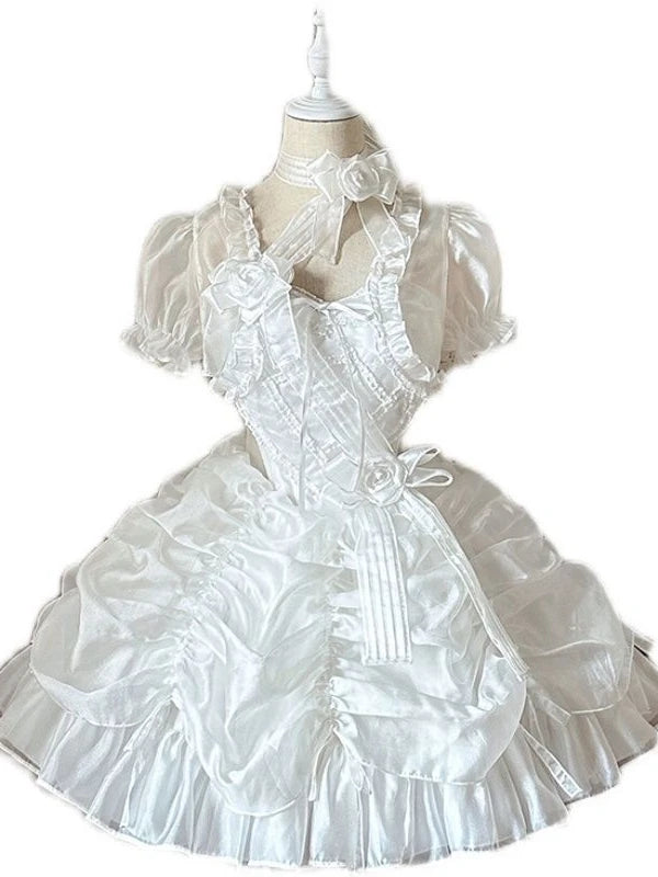 Lolita Women Summer Crop Blouse  Y2k  Sweet Bandage JK Blusas Capes Cosplay Harajuku Ruffled Puff Sleeve Shirt Kawaii Mujer