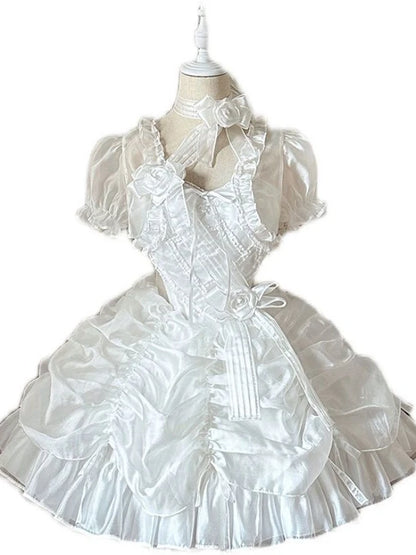 Lolita Women Summer Crop Blouse  Y2k  Sweet Bandage JK Blusas Capes Cosplay Harajuku Ruffled Puff Sleeve Shirt Kawaii Mujer