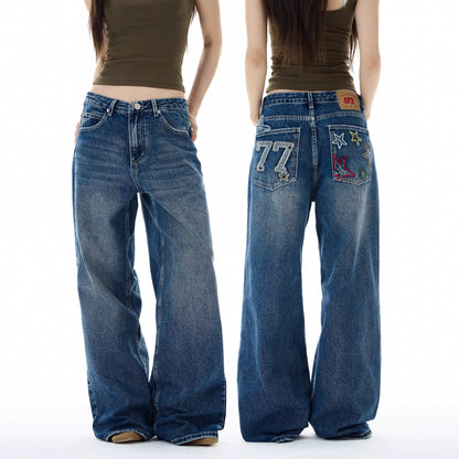 Women's Loose Straight Leg High Street American Style Jeans Wide Leg Trousers with Patch Design Couple Trendy Brand