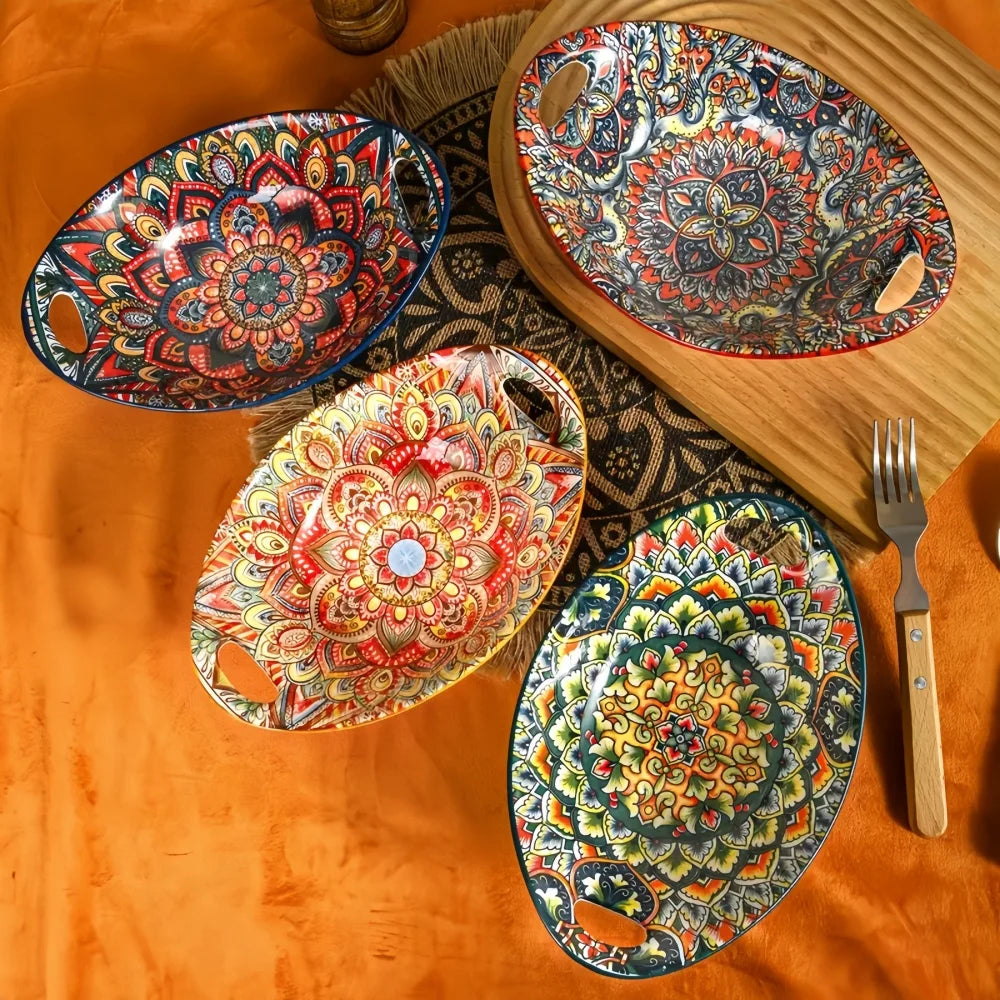 Bohemian Ceramic Salad Bowl Set - Microwave Safe Stackable Oval Plates with Handle 2PCS
