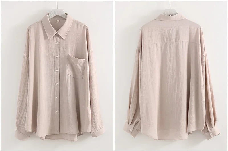Summer Blue Linen Shirts For Women Oversized Long Sleeve Tops Green Shirt Woman Work Basic Linen Tops Women White Shirts Ladies