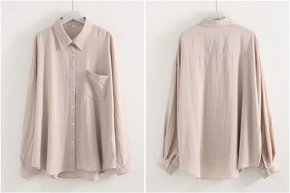 Summer Blue Linen Shirts For Women Oversized Long Sleeve Tops Green Shirt Woman Work Basic Linen Tops Women White Shirts Ladies