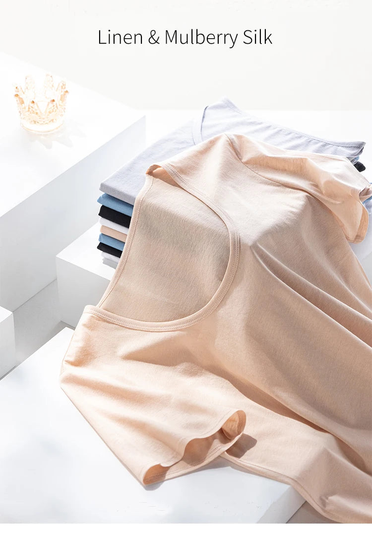 Women's V-Neck T-Shirt – Silk-Linen-Cotton Solid Summer Tee