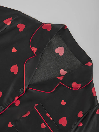 Women's Satin Silk Pajama Set Black Red Heart Print Short Sleeve Long Pants 2 Piece Loungewear Button Down Sleepwear