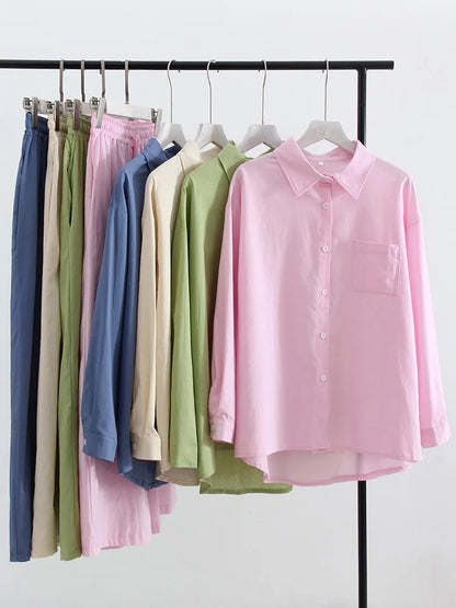 Streamgirl Linen Pants Sets For Women Summer Suits Pink Two Piece Trouser Women's Suit Sets Linen Shirt Set Oversize Outfit Suit