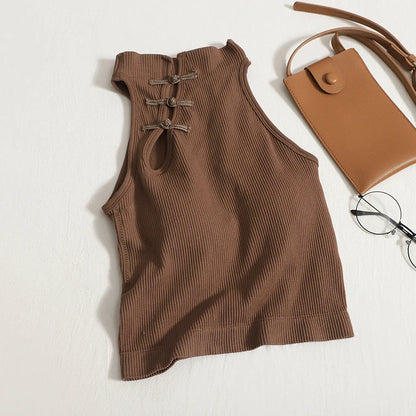 ITOOLIN Women Vintage Chinese Button Tank Tops With Bra Pad Halter Tops O-Neck Elegant Crop Tops Off Shoulder Tops For Women