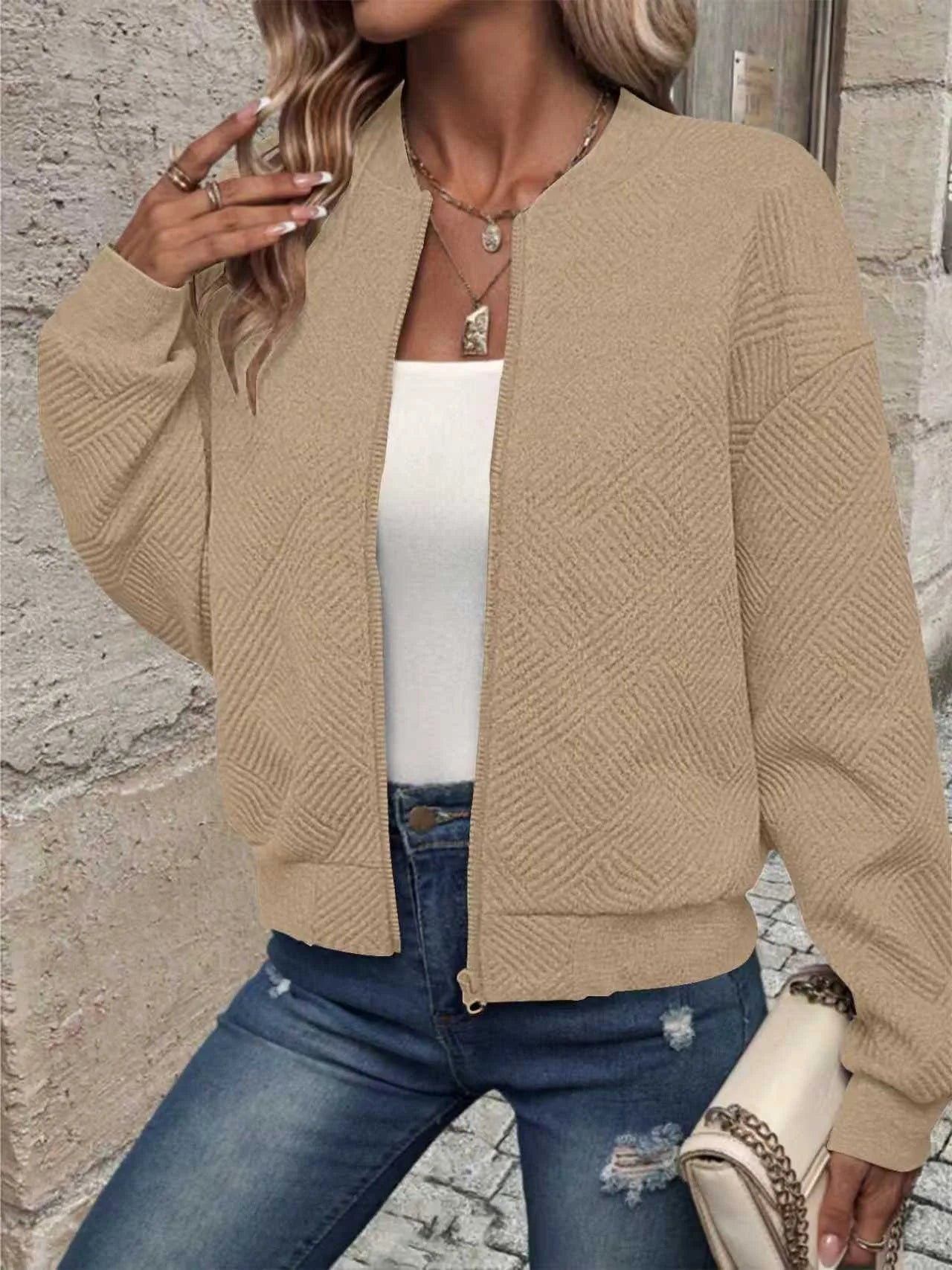 Women's Casual Zipper Jacket - Polyester Spandex Knit Fabric Spring Autumn Coat