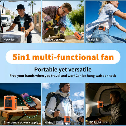 Waist Fan Portable Hanging Neck Fan Ultra-Strong Wind with Phone Charging LED Light For Travel Sports Courier Outdoor Working