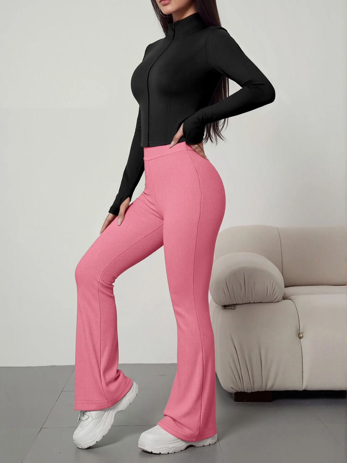 European American Women Ribbed Knit Two Piece Set, Long Sleeve Zip Top With High Waist Flare Pants, Casual Slim Daily Outfit