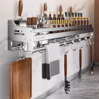 Stainless Steel Wall-Mounted Kitchen Storage Rack No-Drill Spice Shelf Knife Holder Condiment Organizer for Kitchen Counter