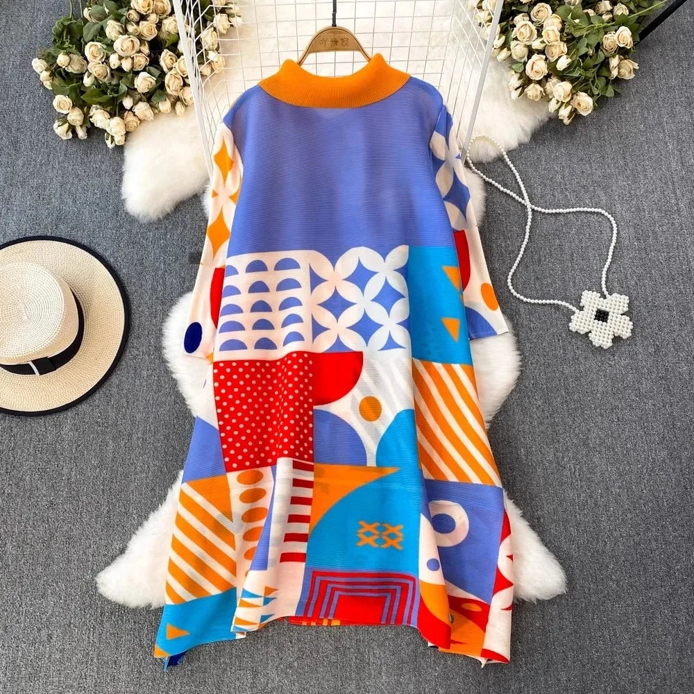 Miyake Pleated Drape Dress Women 2024 Spring Summer Colorblock Printing Lapel 3/4 Sleeve Single-breasted Fashion Shirt Dresses