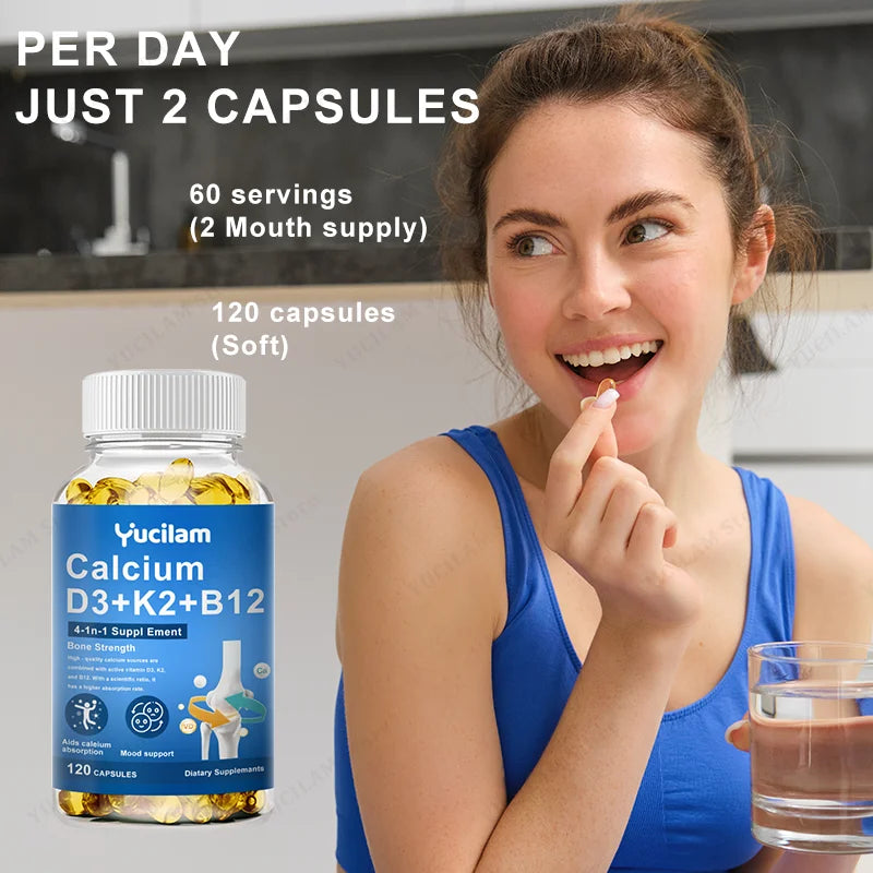 Vitamin D3 + K2 + B12 Calcium Capsule Daily Vitamin Supplement Supports Healthy Bones & Muscles & Heart & Energy & Mood Function