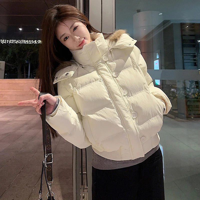 Casual Cropped Parkas Women Fashion Faux Fur Collar Hooded Puffy Coats Winter Warm Solid All Match Slim Long Sleeve Outwear Tops