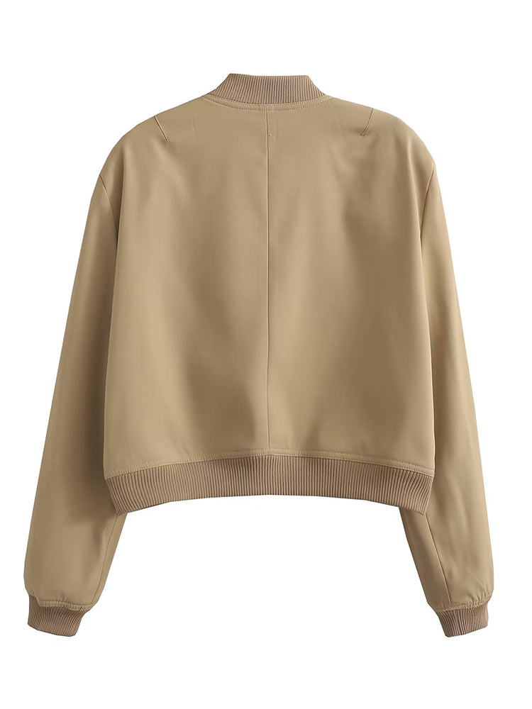 Women Bomber Jacket - Solid V Neck Single Breasted Polyester Coat With Pockets