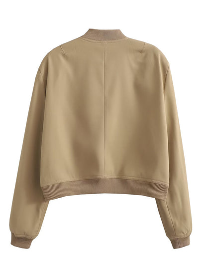 Women Bomber Jacket - Solid V Neck Single Breasted Polyester Coat With Pockets