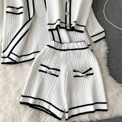 SINGREINY Autumn Knitwear 3PC Sets Long Sleeves Cardigan+Single Breasted Spaghetti Strap+High Waist Elastic Shorts Casual Suits