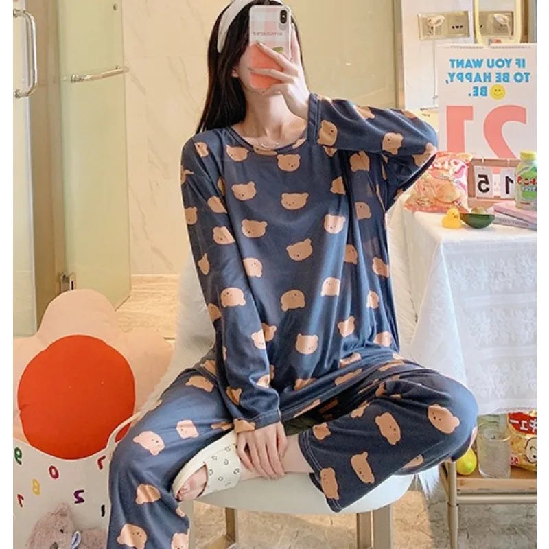 Pajamas Women Long Sleeve Pants Two-Piece Set Cute Sweet and Simple Student Homewear Crew Neck Pullover Long Pajamas Large Size