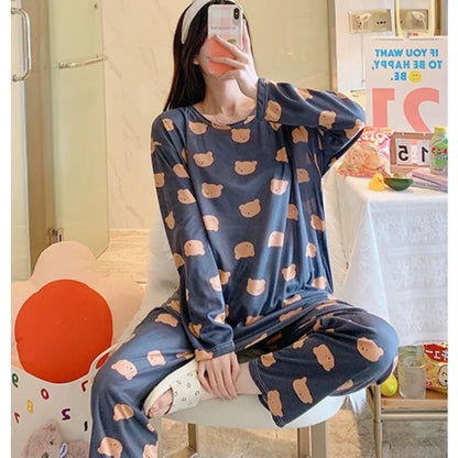 Pajamas Women Long Sleeve Pants Two-Piece Set Cute Sweet and Simple Student Homewear Crew Neck Pullover Long Pajamas Large Size