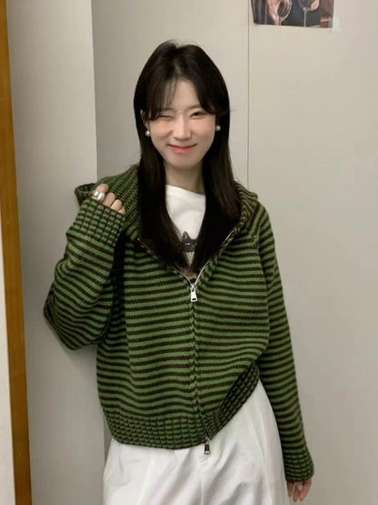 Purple Striped Hooded Sweater Jacket Women's Open Cardigan Autumn Winter Korean Style Soft Thickened Knitted Shirt Inner Wear...