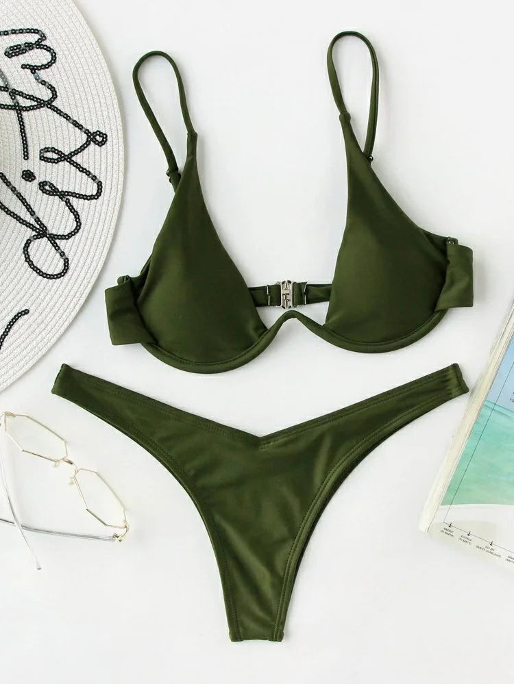 2026 Summer New Two Piece Women's Solid Color Sexy Bareback Bikini Split Swimsuit Bikini Set High Waist Beach Vacation