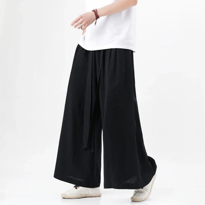 Chinese Style Linen Cotton Retro Pants Man Summer Kimono  Solid Color Traditional Pants Male Streetwear Casual Wide-Leg Trousers