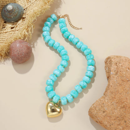 Badu Bohemia Colorful Acrylic Beaded Choker Necklace for  Women 14K Gold Plated Heart Pendant Summer Aesthetic Y2K Jewelry Gift