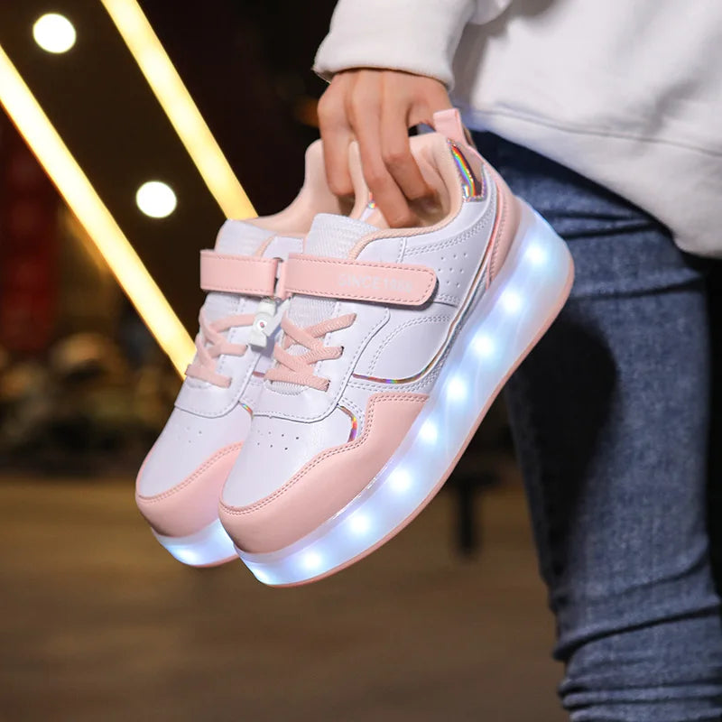 Roller Skate Shoes - Kids LED Light Sneakers With Hook & Loop Closure