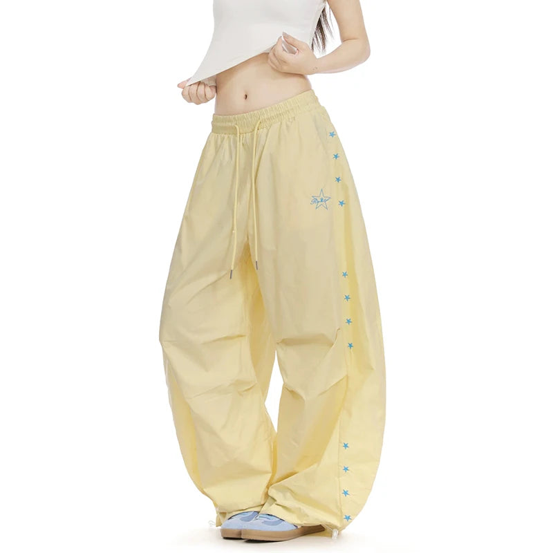 YIBASHU Yellow Baggy Parachute Pants Y2k Vintage Sweatpants Cargo Pants Harajuku Japanese 2000s Style Trousers Clothes Summer