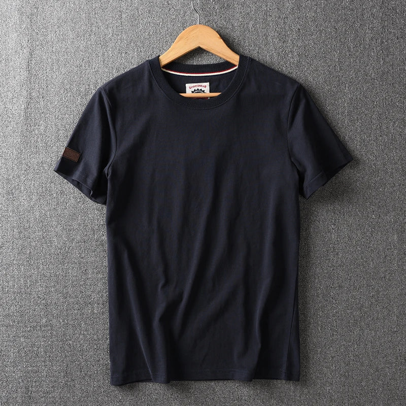 Summer New American Retro Short-sleeved O-neck Solid Color T-shirt Men's Fashion Simple 100% Cotton Washed Casual Sport Tops