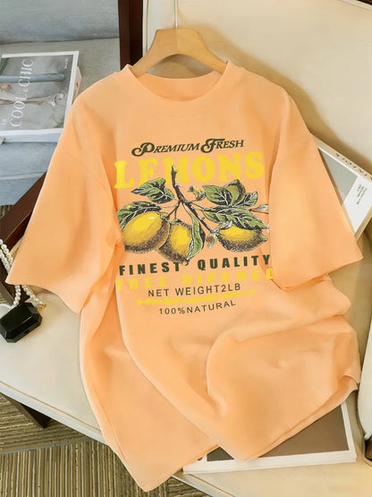 Lemons Fruits Premium Fresh Printing T Shirt Woman Loose Cotton Sportswear O-Neck Casual T Shirts Loose All-Match Short Sleeve