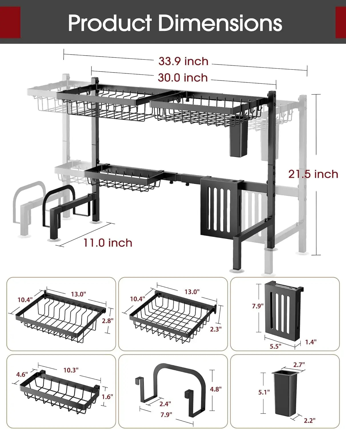 Adjustable 2-Tier Stainless Steel Dish Drying Rack with Utensil Holders, Large Capacity, Black