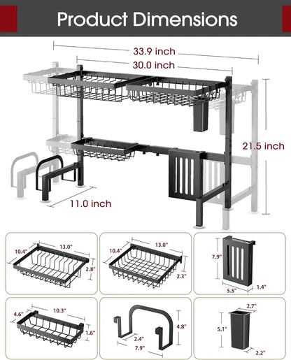 Adjustable 2-Tier Stainless Steel Dish Drying Rack with Utensil Holders, Large Capacity, Black